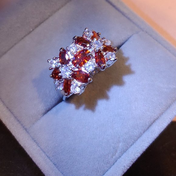 Garnet & White Sapphire Flowers Cocktail Ring - Picture 14 of 16